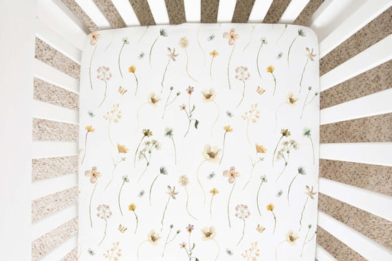 Wild Flower Crib Sheet, Floral Girl Nursery Bedding - Mustard Wildflowers