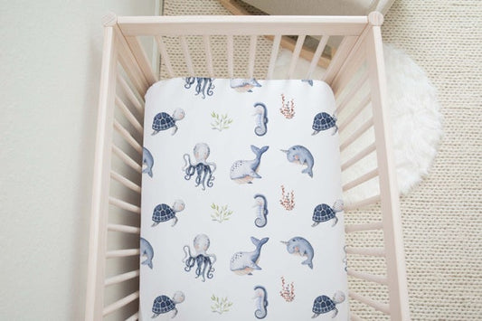 Under the sea Crib Sheet, Ocean Animals Nursery Bedding - Little Ocean