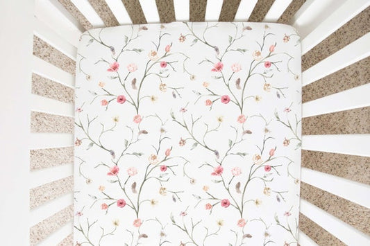 Boho Floral Crib Sheet, Girl Floral Nursery Bedding - Blush Wildflowers