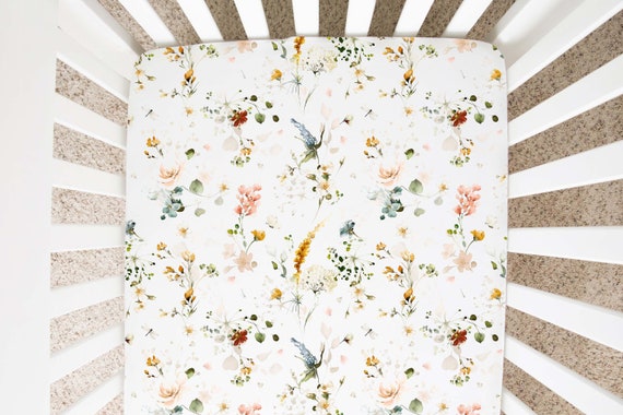 Wild Flowers Crib Sheet, Boho Floral Girl Nursery Bedding - Vintage Garden