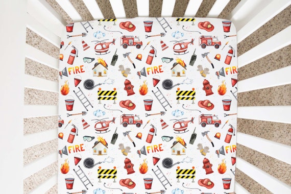 Fireman Crib Sheet, Fireman trucks Nursery Bedding - Little Hero