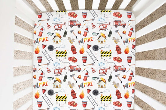 Fireman Crib Sheet, Fireman trucks Nursery Bedding - Little Hero