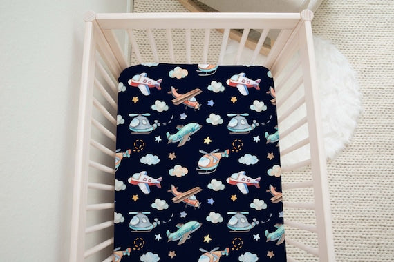 Airplanes Crib Sheet, Aviation Nursery Bedding- Night Flight