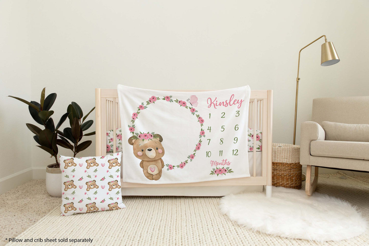 Personalized Floral Bear Milestone Blanket, Girl Woodland Blanket - Beary Pink