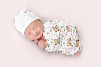 Pink Floral Personalized Baby Swaddle Set, Floral Bear Hospital Baby Girl Blanket - Beary Pink