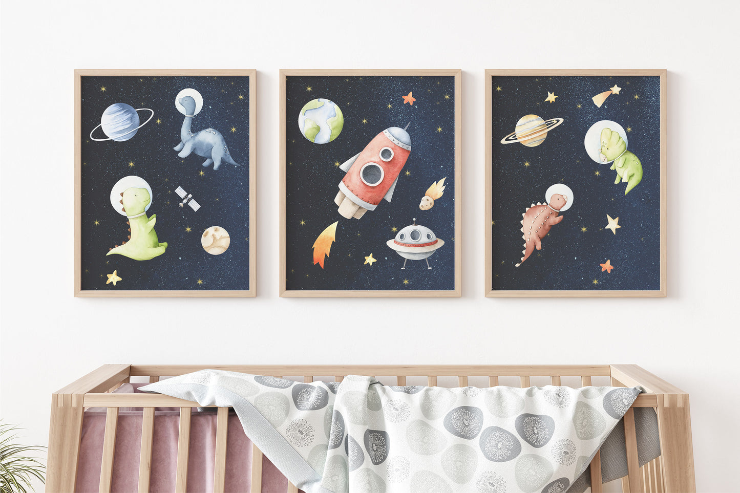 Space Wall Art, Dinosaur Nursery Prints set of 3