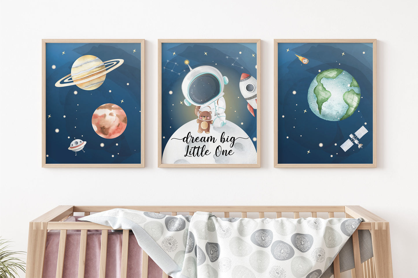 Dream Big Little One Wall Art, Space Nursery Prints set of 3