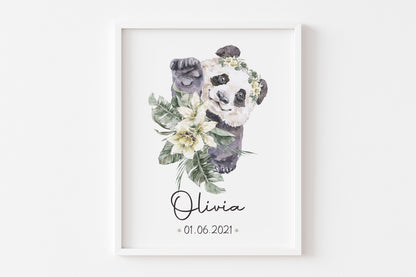 Personalized Name Baby Panda Wall Art, Safari Nursery Print Unframed