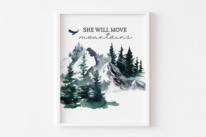 She will move Mountaians, PRINTABLE Forest Wall Art, Woodland Nursery Print